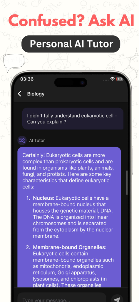 Photo Solve: Homework Helper - A chat interface of the Photo Solve app where a personal AI tutor explains eukaryotic cells for biology homework