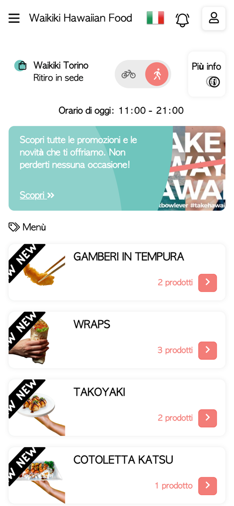 WAIKIKI Hawaiian Food - Mobile app interface for Waikiki Hawaiian Food showing the menu categories for tempura shrimp, wraps, and takoyaki.