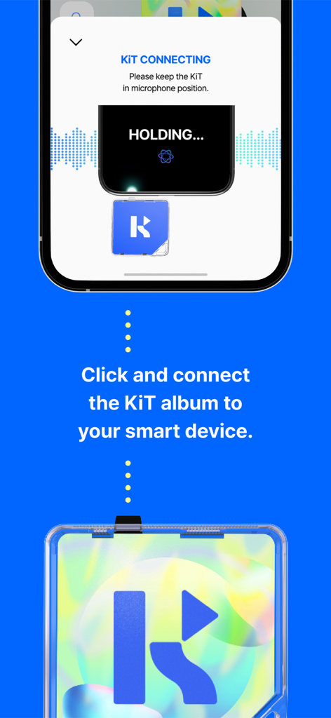 KiTplayer - Interface mostrando como conectar um álbum KiT físico ao aplicativo KiTplayer em um dispositivo móvel.