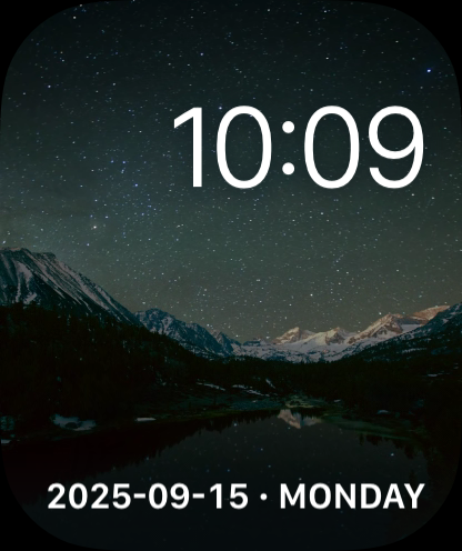 Apple Watch face displaying the current time and date in ISO 8601 format against a starry mountain background