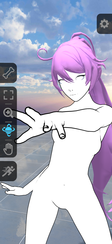 Pro Poser 3D Model Poses - Una modelo anime 3D femenina con cabello morado en una pose dinámica de alcance usando el sombreador de dibujos animados