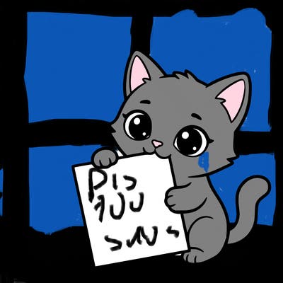 a small cat with a blank sheet of paper in its hand. the cat is sooooooo cute!