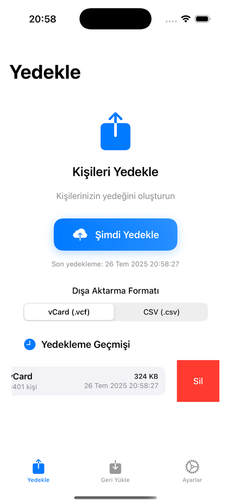 Contacts Backup- 3000 - The backup screen of the Contacts Backup app featuring a one-tap backup button and export format selections for vCard and CSV files.