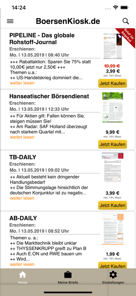 BoersenKiosk - Benutzeroberfläche der BoersenKiosk-App mit einer Liste deutscher Finanz-Newsletter und Börsenberichte zum Einzelkauf