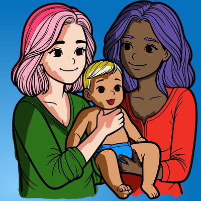 two realistic women holding one baby together