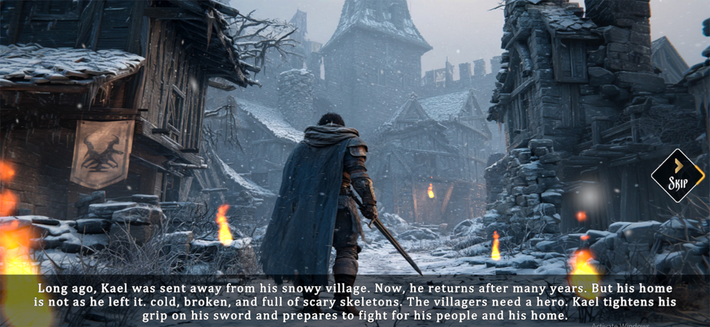 Undead: Sword Fighting Games - Kael the undead warrior standing in a snowy ruined village with a sword