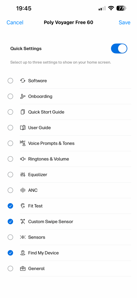 HP Poly Studio Mobile - Écran de l'application HP Poly Studio Mobile montrant une liste d'options de paramètres rapides pour personnaliser les raccourcis du casque Poly Voyager.
