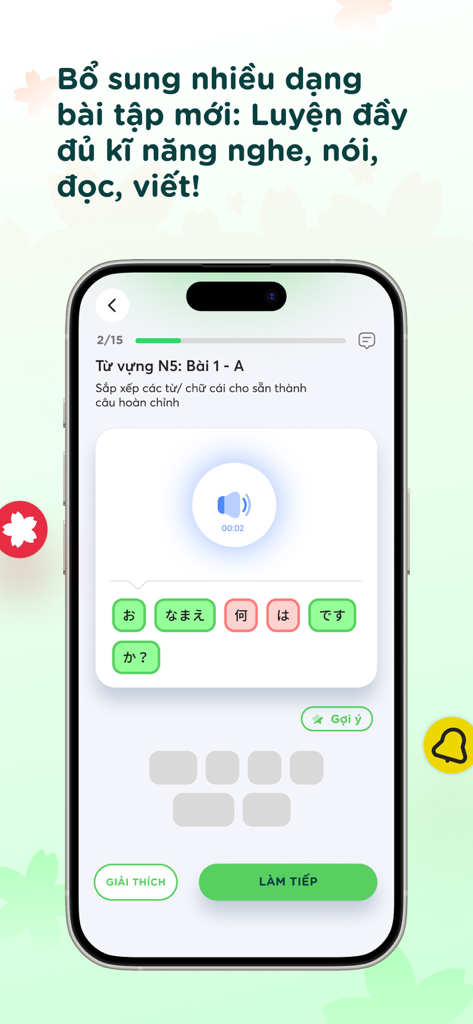 DUNGMORI - Dungmori app interface showing a Japanese N5 level listening and sentence construction exercise for Vietnamese learners