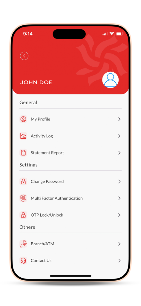 AB Direct Internet Banking app profile and settings interface showing security and account management options