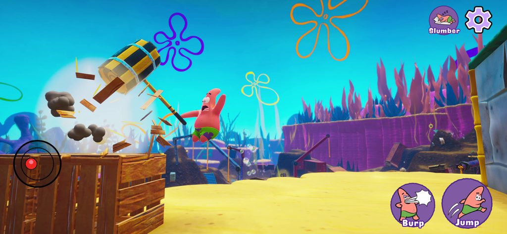 Patrick Star mid-air using a giant mallet to smash a wooden crate in the Bikini Bottom open-world game.