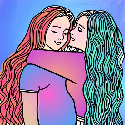 2 girls hugging long hair and curly hair