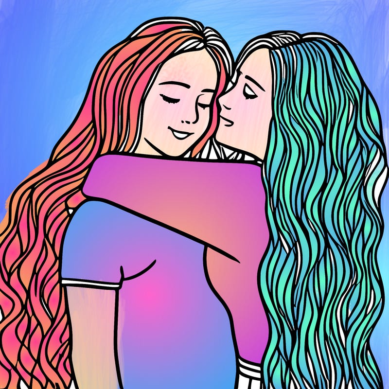 2 girls hugging long hair and curly hair