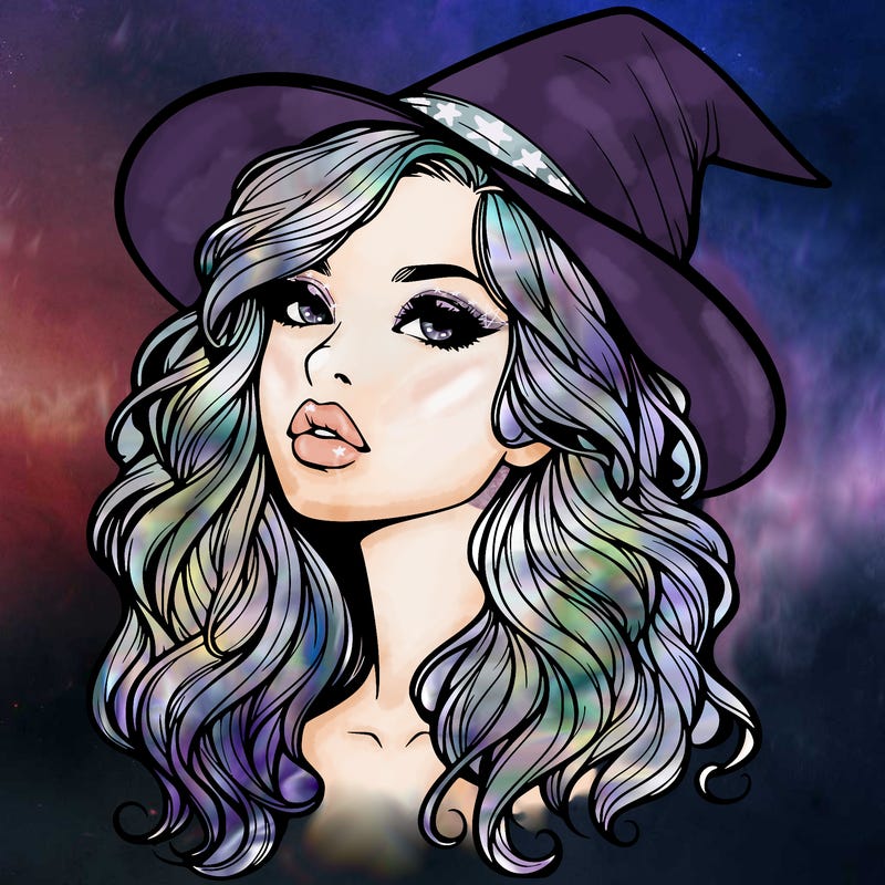 realistic witch girl with wavy hair and lips