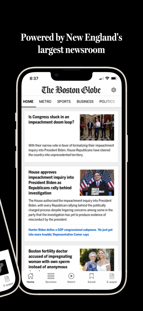 The Boston Globe mobile app home screen displaying New England news headlines and navigation tabs