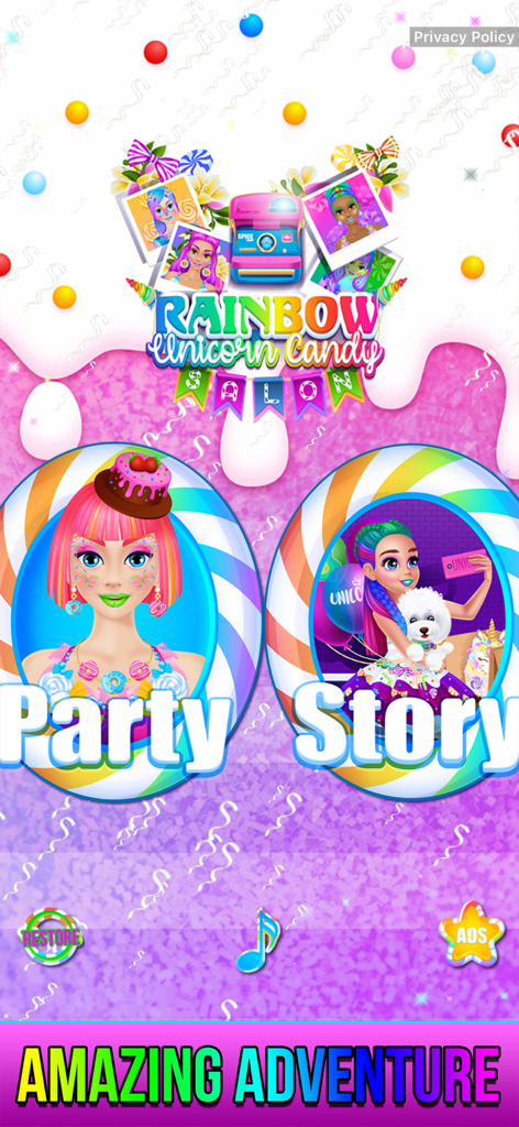 Rainbow Unicorn Candy Salon - Hauptmenü der Rainbow Unicorn Candy Salon Mobile App mit Party- und Story-Spielmodi und bunten Charakteren