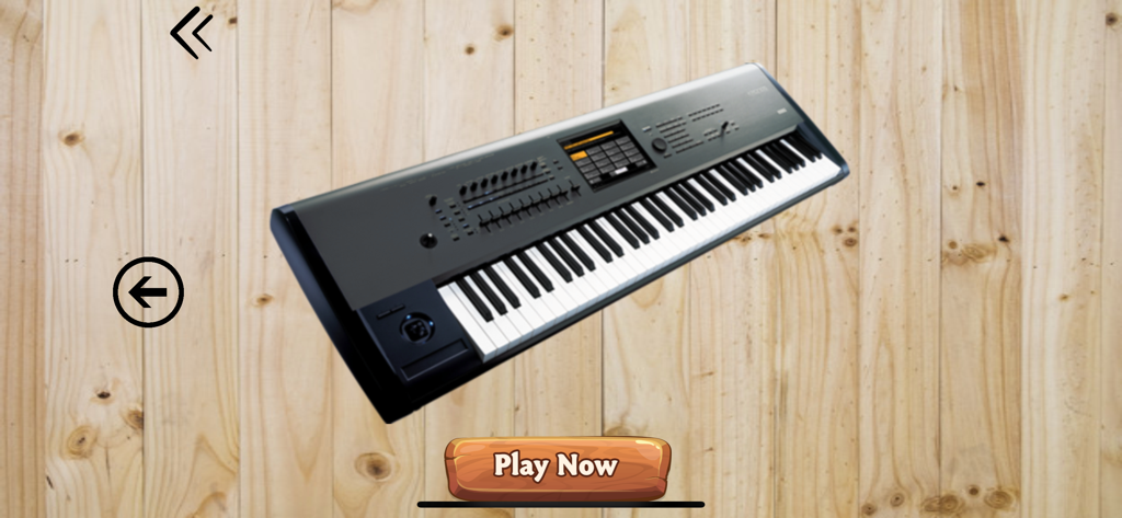 Tabla Drums Dhol Piano Guitar - Digital piano keyboard displayed on a wooden background with a Play Now button