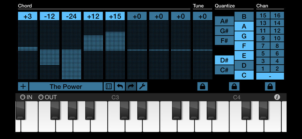 QuantiChord interface with MIDI sliders scale quantizer and virtual piano keyboard
