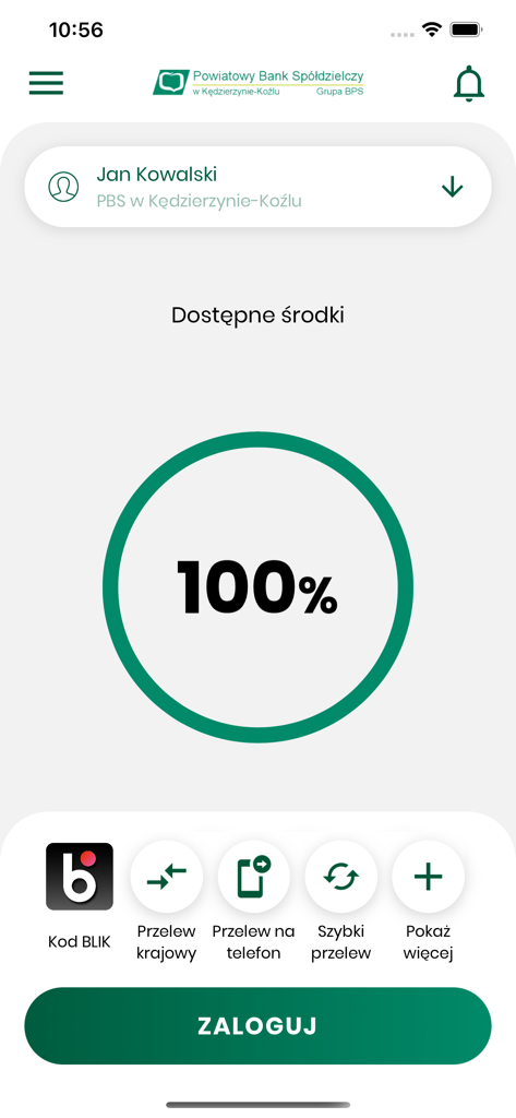 PBS Kędzierzyn-Koźle - Interfaz de la aplicación bancaria PBS Kedzierzyn Kozle que muestra el porcentaje de fondos disponibles y accesos directos para transferencias BLIK y telefónicas