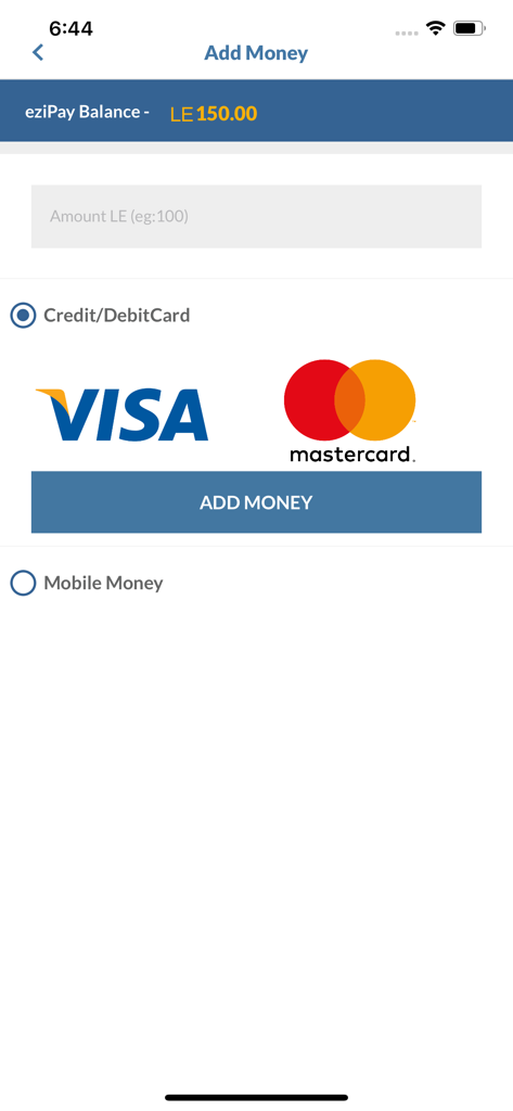 Bildschirm Geld hinzufügen der Ezipay SL Mobile App mit Optionen für Kreditkarte und mobile Geldbörse