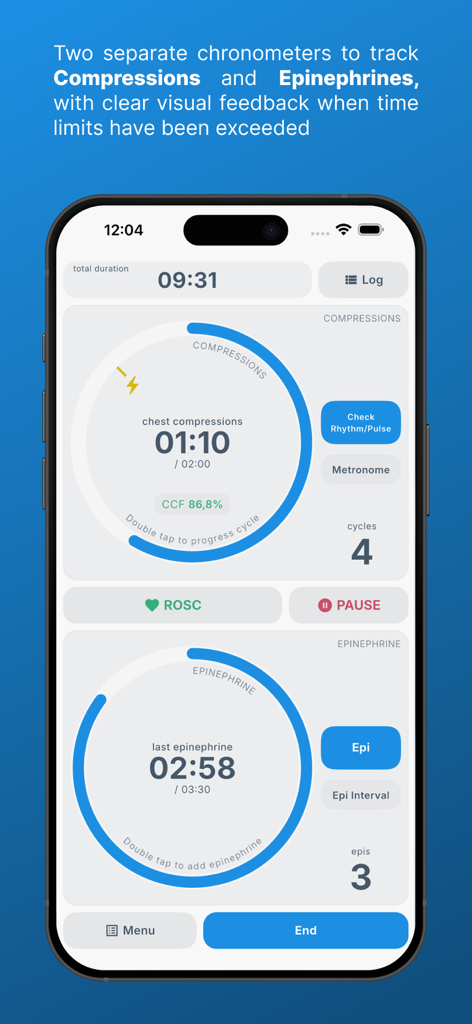 Code Blue – CPR & ACLS Timer - Code Blue app displaying dual chronometers for chest compressions and epinephrine tracking