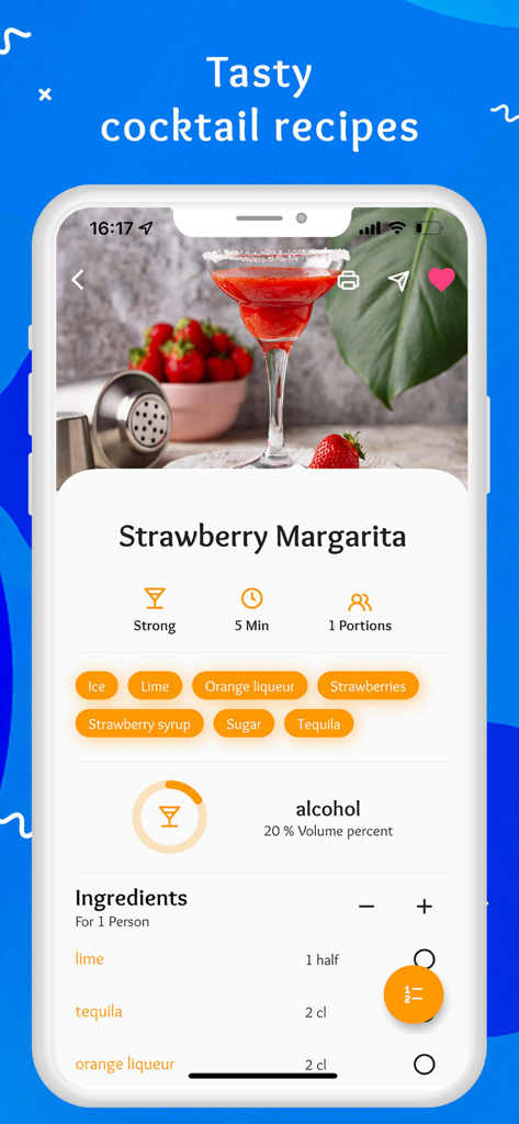 Alkipedia - Cocktail Recipes - Alkipedia app displaying a strawberry margarita recipe with ingredient list and alcohol percentage