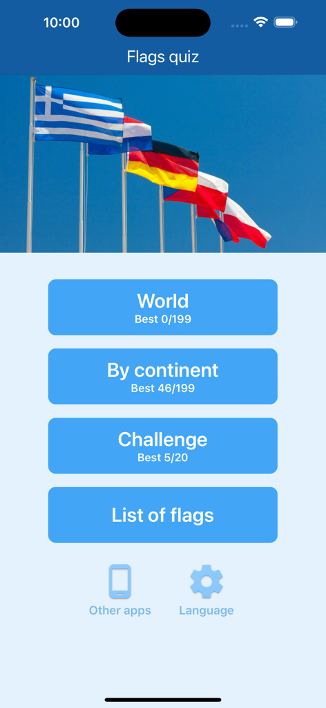 Menu principal de l'application "Drapeaux des pays - Quiz" montrant différents modes de jeu.