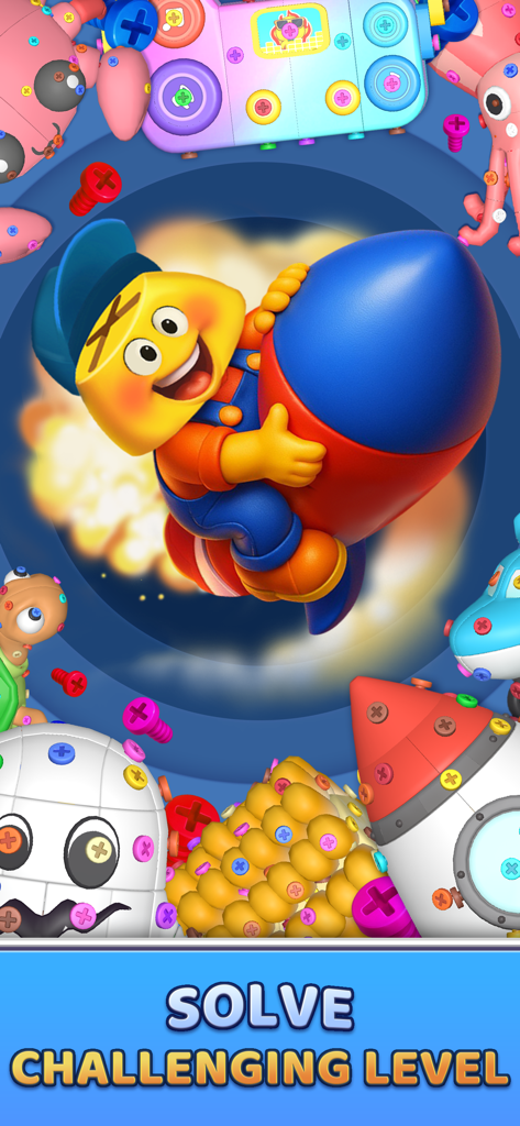 Screw Out Factory: Puzzle 3D - Personaggio dei cartoni animati alla guida di un razzo circondato da colorati puzzle con viti e oggetti