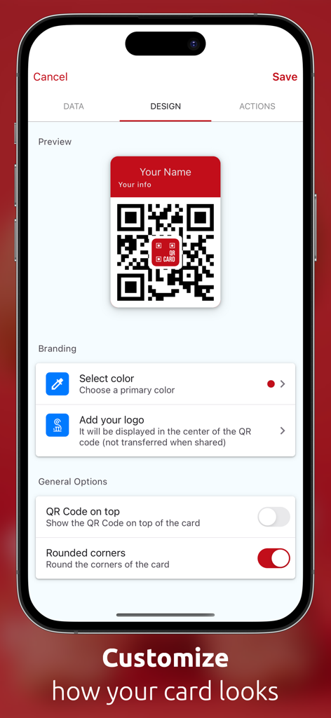 QRcard - digital business card - Interface of the QRcard app showing options to customize the design of a digital business card with a QR code and logo.