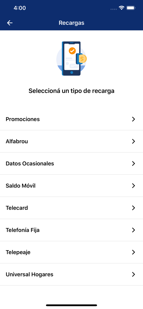 Tuapp Billetera Electronica - Screen of the Tuapp wallet displaying various recharge options for mobile data, fixed telephony, and toll payments in Uruguay