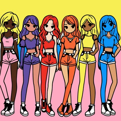 a group of girls wearing crop tops and shorts