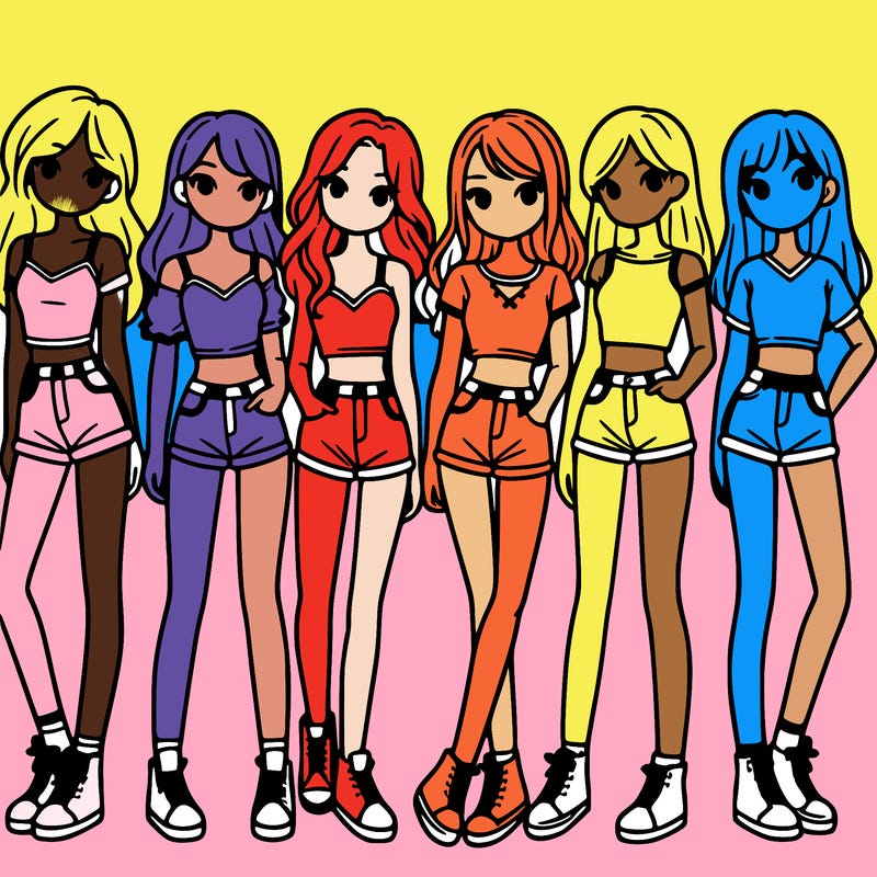 a group of girls wearing crop tops and shorts