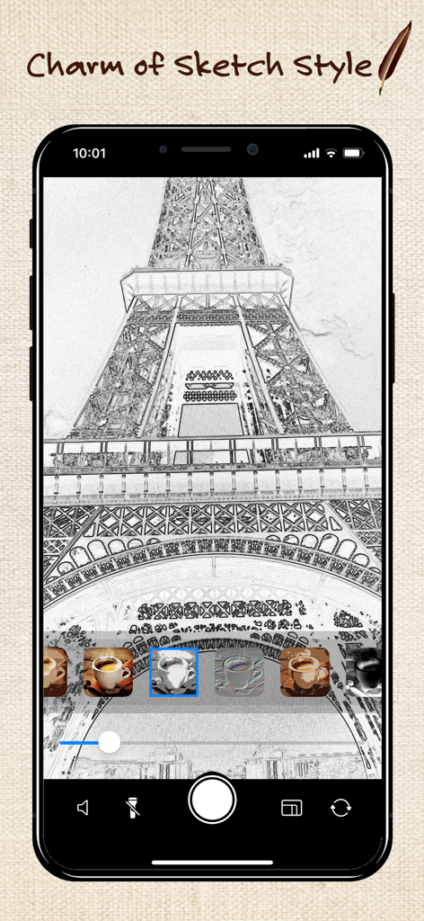 SketchSnap app interface showing the live sketch filter applied to the Eiffel Tower