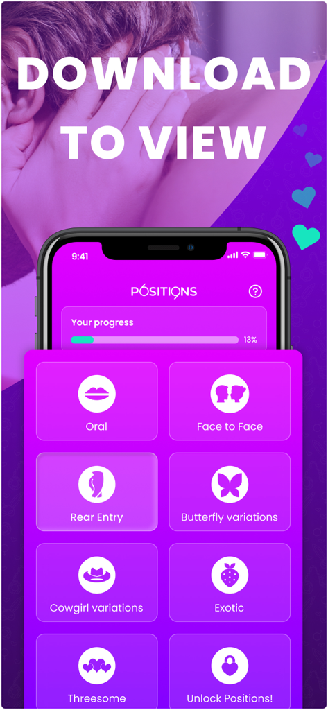 69 Positions - Sex Positions - 69 ポジション アプリのメニュー画面。オーラルフェイストゥフェイスやエキゾチックなどのカテゴリが表示されている。