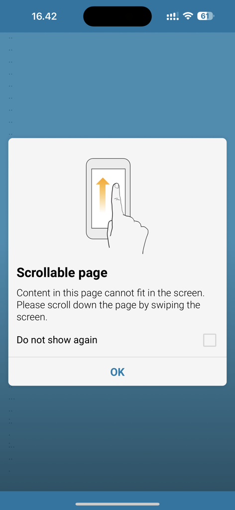 TrialMax App - TrialMax app scrollable page instruction popup with gesture illustration