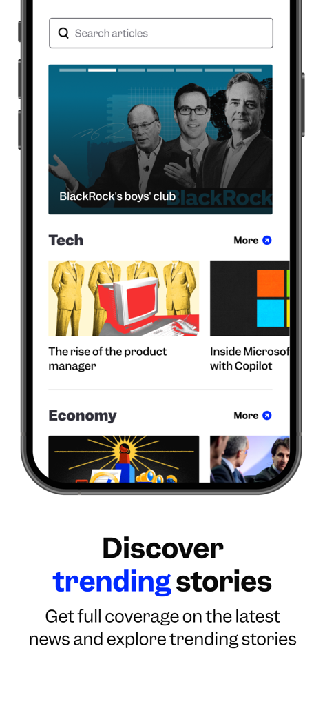Interfaccia dell'app di Business Insider che mostra le storie di tendenza nei settori della tecnologia e dell'economia