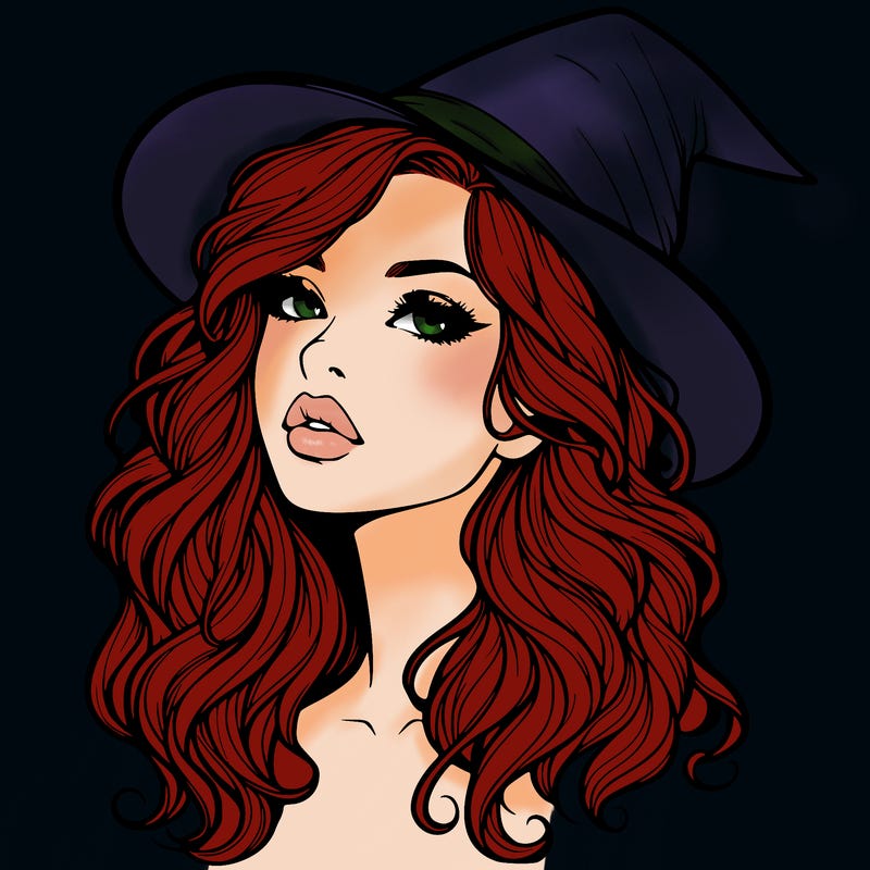 realistic witch girl with wavy hair and lips