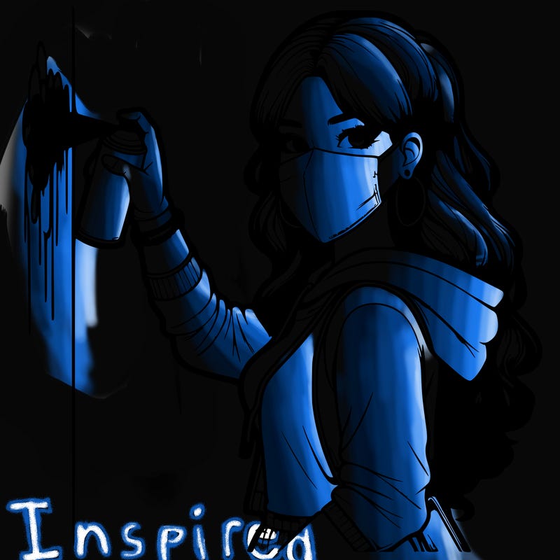 realistic girl with mask spray painting a wall