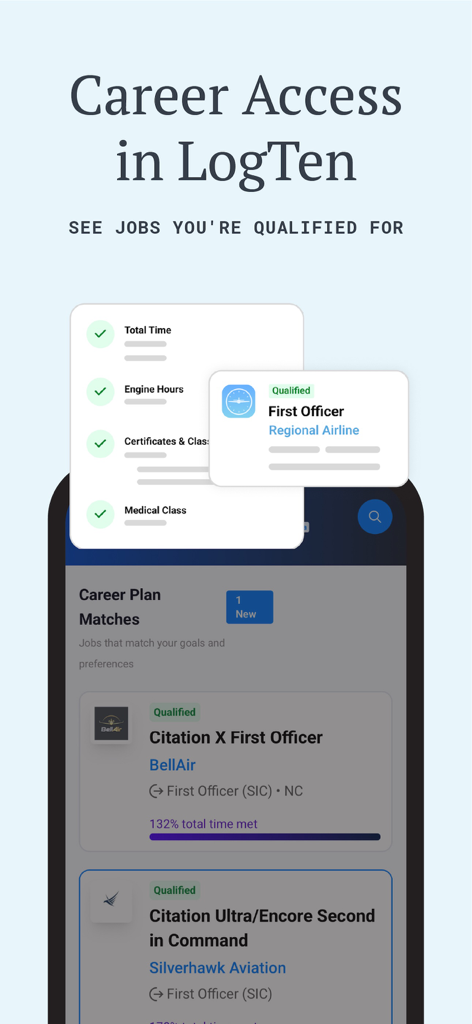 LogTen Pilot Logbook - LogTen app interface showing pilot job matches and qualification checklists