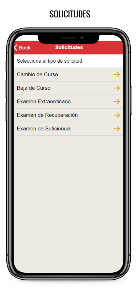 Mobile screen of UaApp displaying student request options such as course changes and exam applications.