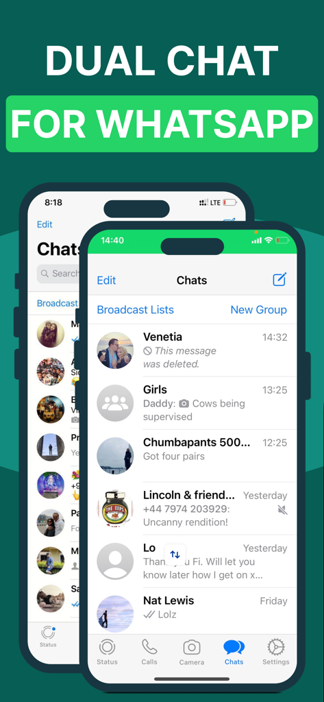 Duo Chat App zeigt eine Dual-Messenger-Oberfläche für WhatsApp auf dem iPhone an