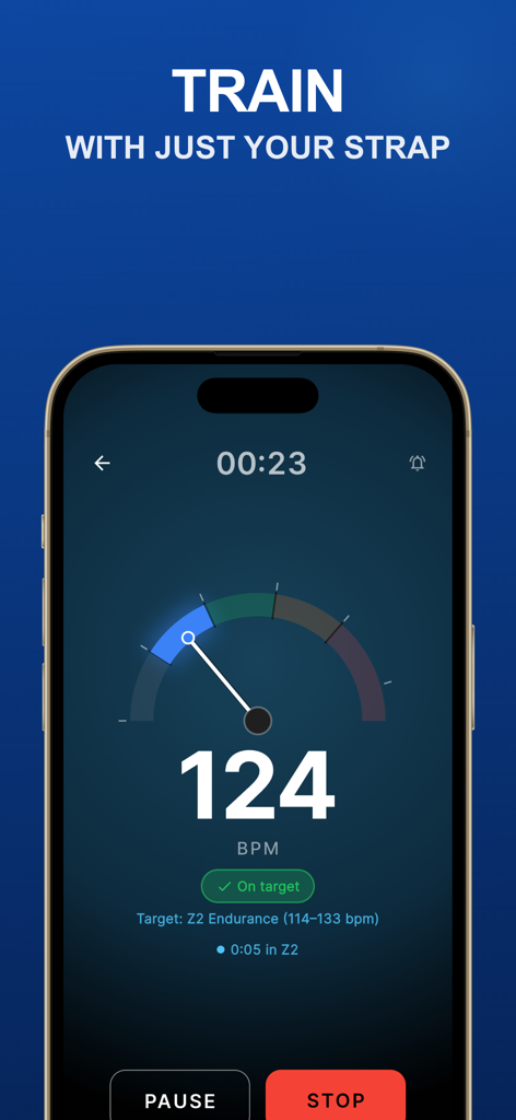 Chest Strap HR Monitor - Smartphone displaying real time heart rate and Zone 2 endurance training data from a chest strap.