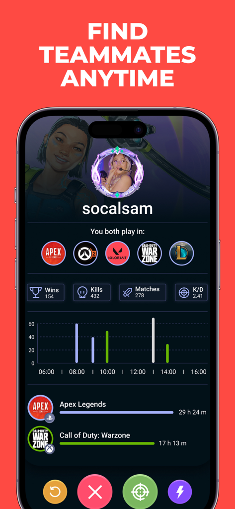 PLINK – Team Up, Chat, Play - Plink app interface showing a gamer profile with stats for Apex Legends and Call of Duty to find teammates