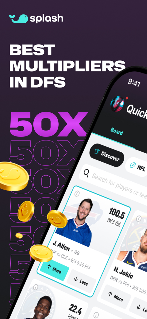 Splash Sports | Survivor & DFS - Splash Sports app interface showing player quick picks for DFS with a 50x multiplier offer