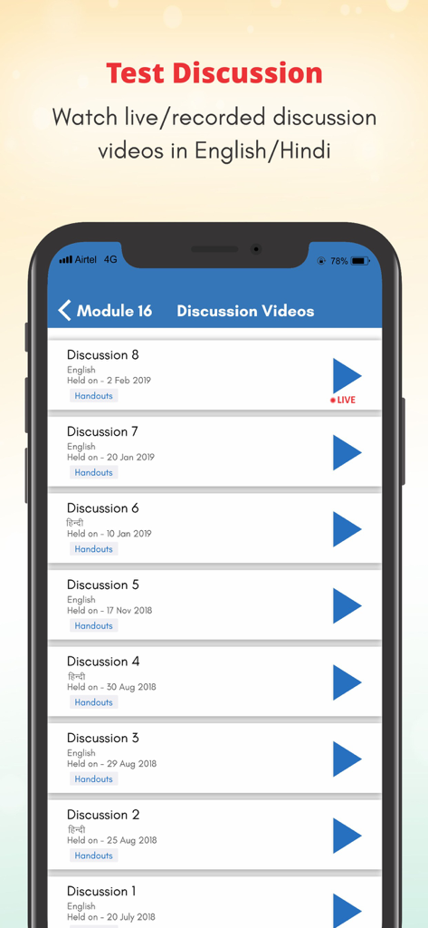 Interface of the Vision IAS app showing a list of live and recorded UPSC test discussion videos in English and Hindi