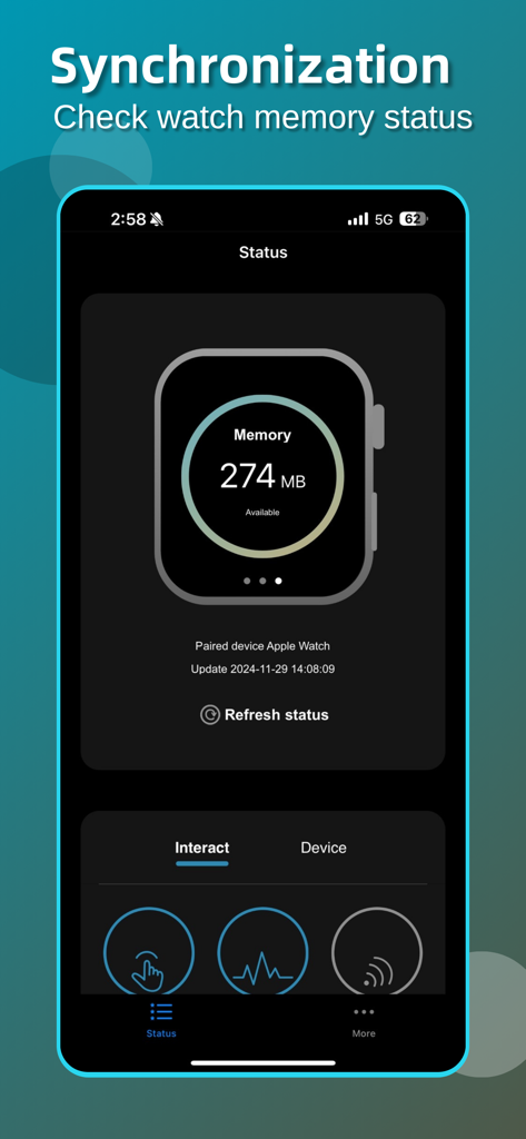 手錶醫生Watch Doctor - Interfaz de la aplicación Watch Doctor mostrando el estado de la memoria disponible para un Apple Watch emparejado