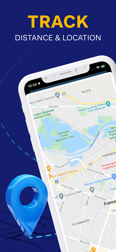 Find My Bluetooth Device. - Smartphone affichant une interface de carte avec une épingle de localisation pour suivre la distance et la localisation de l'appareil Bluetooth.