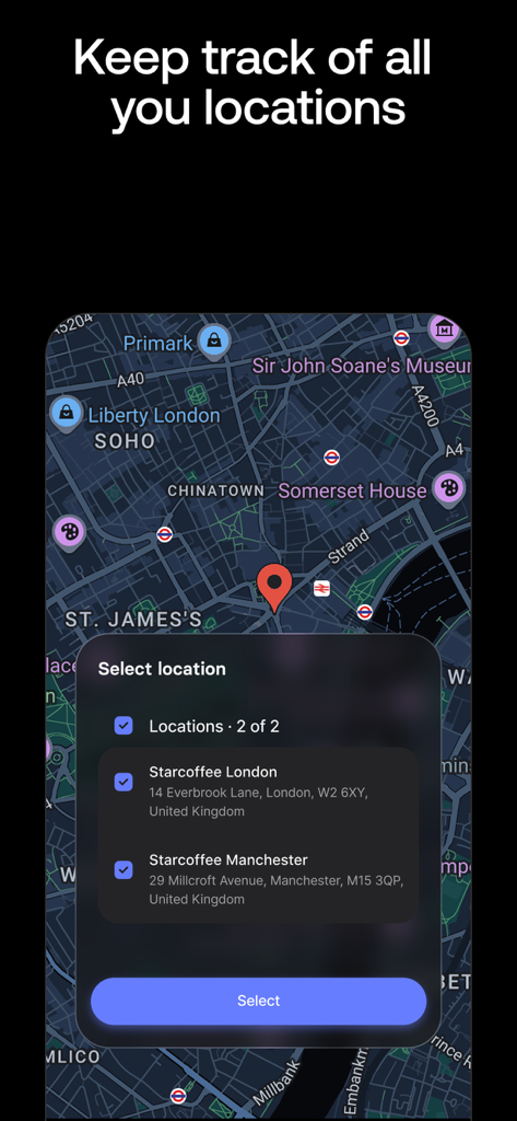 Revolut POS - Revolut POS mobile app interface showing a map with a selection menu for multiple business locations like Starcoffee London and Manchester
