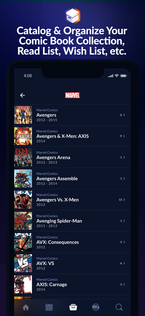 Comic Geeks Mobile App-Bildschirm, der eine katalogisierte Liste von Marvel Comic-Serien mit Ausgabennummern anzeigt.