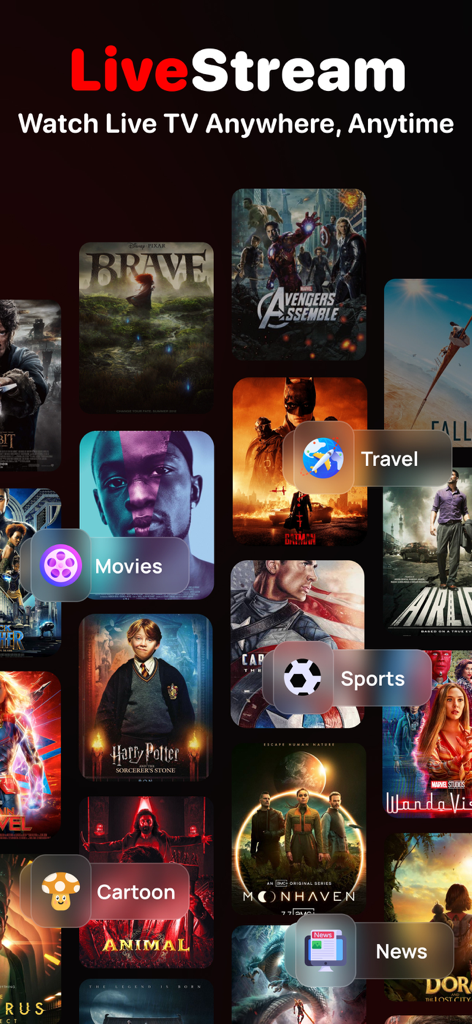 IPTV Smarters app display showing various live stream content categories including movies and sports