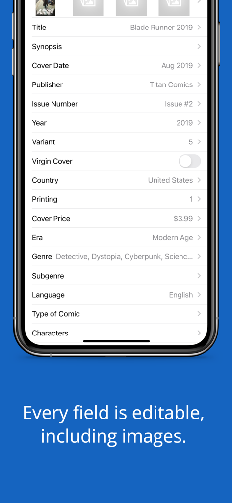 iCollect Comic Books - Keys - Captura de tela do aplicativo iCollect Comic Books exibindo detalhes editáveis da coleção para uma entrada específica de quadrinho.